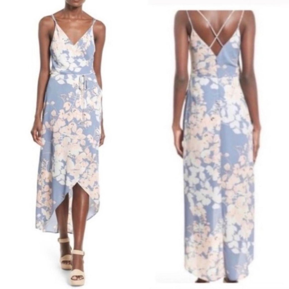 Astr High Low Floral Dress in Blue and Cream